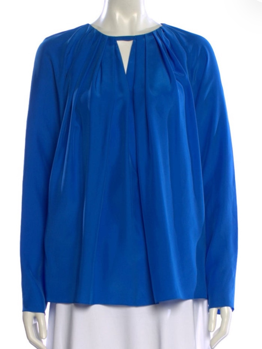 Emilio Pucci silk Cobalt Blue Long-Sleeve Pleated Keyhole Blouse